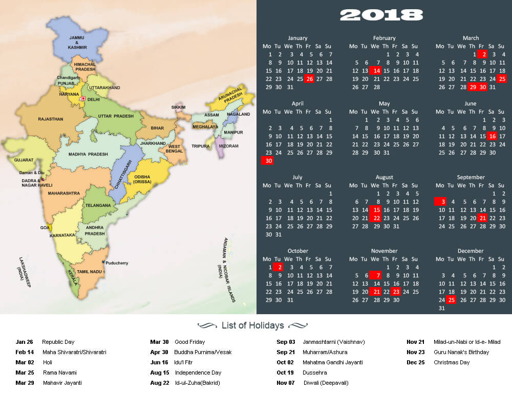 2018 holidays calendar india