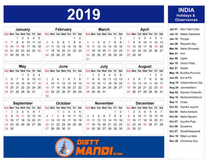 HP Government Holidays Calendar 2019